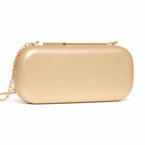 Elegant gold oval evening box clutch bag with metallic finish and detachable chain strap