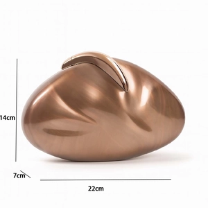 Detailed dimensions of bronze acrylic evening clutch: 22cm length, 14cm height, and 7cm width