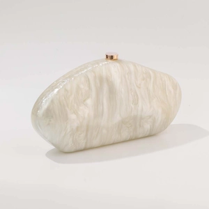 Elegant white marble acrylic clutch bag with a golden metal clasp for evening parties