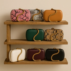 Detail view of stylish clutch bags featuring golden snake clasps in diverse colors