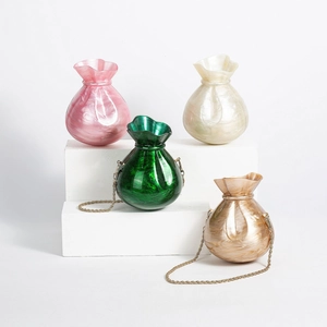 Chic acrylic money bag clutch in pearlescent colors with gold chain and ruffled rim