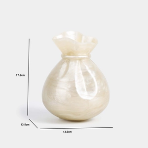 Detailed view of cream money bag vase with dimensions 17.5cm height and 13.5cm width