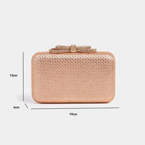 Detailed dimensions of champagne rhinestone clutch bag showing 19cm x 13cm x 4cm size