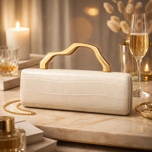 Detail of white crocodile pattern evening clutch with artistic gold wave handle and chain