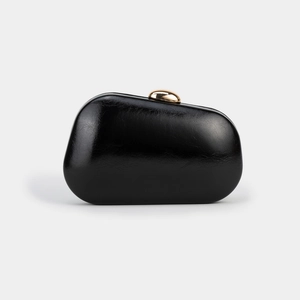 Elegant black glossy pebble-shaped evening clutch bag with a round gold metallic clasp