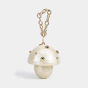 Elegant mushroom-shaped acrylic evening clutch with mother-of-pearl texture and gold chain