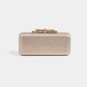 Elegant champagne gold rhinestone evening clutch bag with crystal bow clasp for formal events