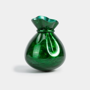 Detailed close-up of dark green marble acrylic evening bag in a money bag shape