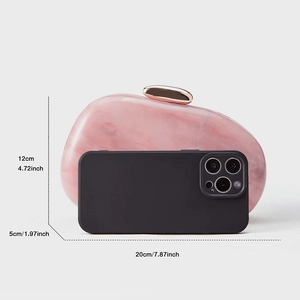 Pink marble acrylic clutch bag dimensions 20x12x5cm shown with smartphone reference