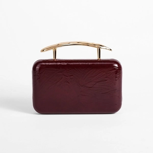Elegant burgundy wine hard shell evening clutch bag with creative gold metal handle