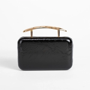 Elegant black pleated PU leather clutch bag featuring a unique gold metal curved handle
