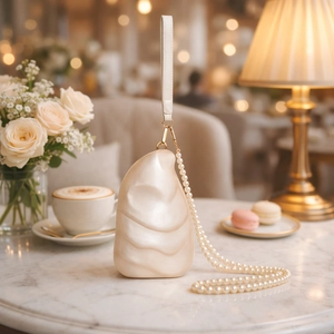 Elegant white acrylic evening clutch with spiral texture and pearl chain strap for weddings
