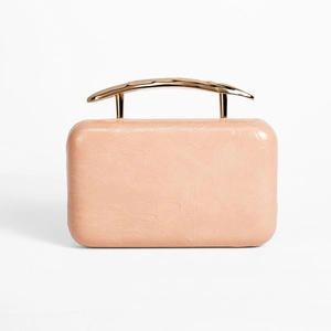 Elegant beige pleated PU leather clutch bag with a sculptural gold metal handle