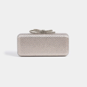 Detailed macro of a silver rhinestone evening clutch bag with sparkling bow clasp