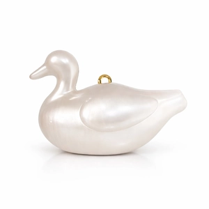 Elegant pearlescent white duck-shaped acrylic clutch bag with a gold ring handle