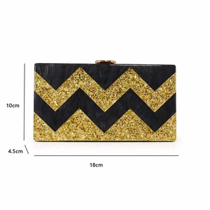 Detailed dimensions of the black and gold chevron acrylic clutch bag 18x10x4.5cm