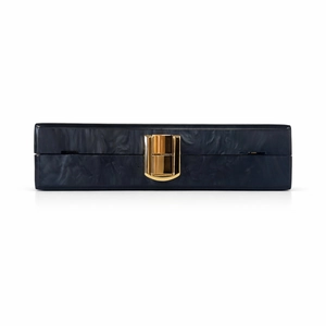 Striped acrylic evening clutch with blue marble texture and golden metal lock clasp