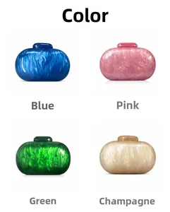 Detailed view of acrylic clutch bags in blue, pink, green and champagne marble finishes
