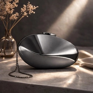 Detail of silver metallic shell evening clutch with smooth reflective surface and chain strap