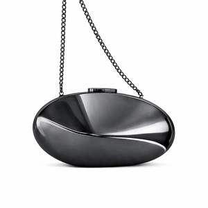 Sleek black pebble-shaped shell evening bag with luxury metallic finish and chain strap