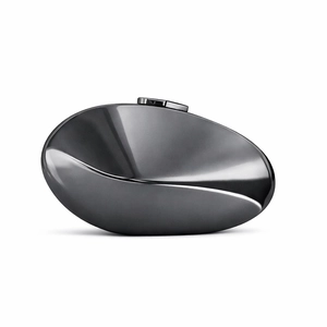 Macro detail of glossy dark grey pebble shaped metal clutch bag with top buckle clasp