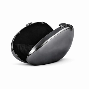 Sleek oval black metallic clutch evening bag with hard shell and open interior