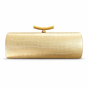 Detailaufnahme der champagnergoldenen Baguette-Tasche mit Kroko-Prägung und Metallverschluss