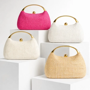 Elegant woven evening clutches in multiple colors with gold circular handles and spherical clasps