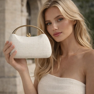 Elegant white woven evening clutch bag with arc gold metal handle for women fashion