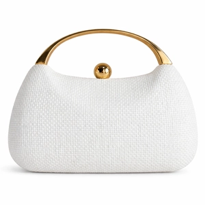 Detail shot of white woven dinner clutch bag with gold metallic handle and ball lock