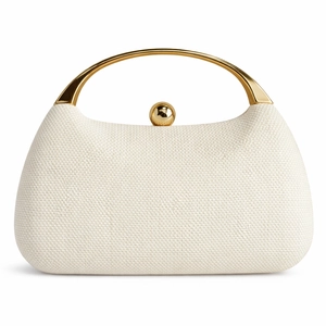 Close-up of cream woven clutch bag featuring a gold semi-circle handle and spherical clasp