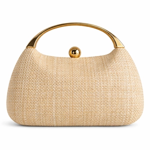 Detail of woven raffia texture and polished gold metal handle on a luxury dinner clutch bag