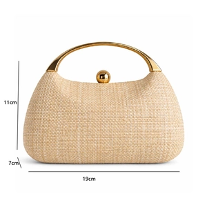 Detailed dimensions of the woven evening clutch bag with gold handle and metal clasp