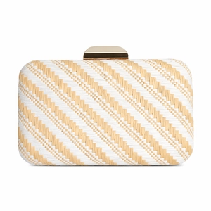 Chic woven dinner clutch bag with beige stripes and minimalist gold metallic clasp