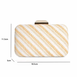 Detail view of woven clutch bag with gold metal clasp measuring 18.5x11.5x5cm size