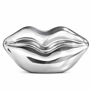 Silver metallic lip-shaped evening clutch bag with smooth mirror finish and chain strap