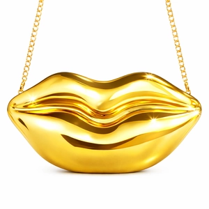 Detail of gold lip-shaped clutch bag with polished mirror finish and delicate metal chain