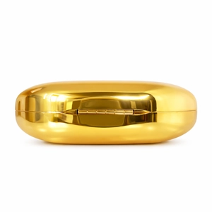 Minimalist gold mirror finish capsule clutch bag with a sleek metallic oval shape