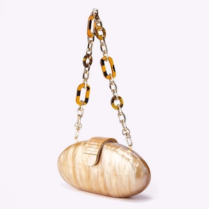 Elegant oval acrylic clutch with marble texture and amber resin chain strap in beige