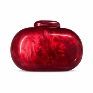 Oval red marble acrylic evening clutch bag with glossy texture and shoulder strap