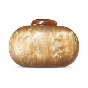 Detailed view of amber marble texture on oval acrylic shell evening clutch bag