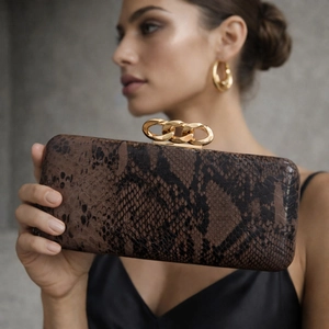 Elegant snake print clutch bag with gold chain lock held by a model in a black silk dress