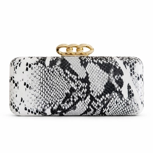 Detail of elegant snake pattern clutch with gold interlocking triple-ring metal clasp