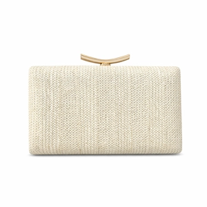 Elegante pochette da sera beige in paglia intrecciata con chiusura dorata