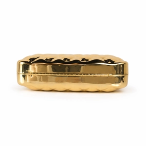 Golden quilted metal evening clutch bag with glossy geometric pattern on white background