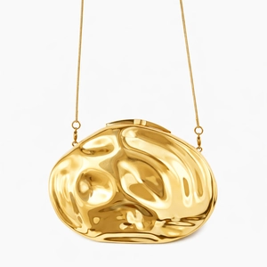 Modern gold metallic heart shell clutch bag with flowing liquid texture and chain strap