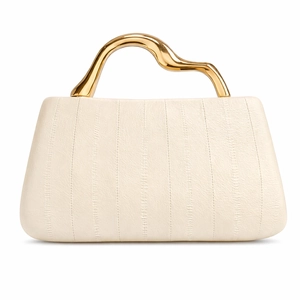 Chic beige trapezoid PU handbag with unique gold wavy metal handle and vertical textures