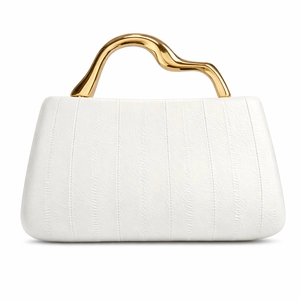 Elegant white leather evening handbag with artistic wavy gold metal handle for women