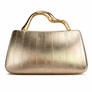 Luxurious gold evening handbag with embossed leather texture and artistic metal handle