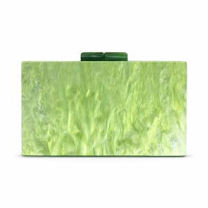 Detail view of the green marble acrylic clutch with elegant rectangular top closures